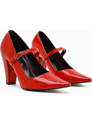 Beate Kırmızı Kroko Deri Baskı Sivri Burunlu Topuklu Kadın Ayakkabı