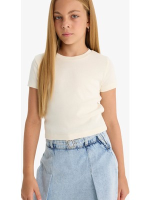 DeFacto Kız Çocuk Slim Fit Dar Kesim Bisiklet Yaka Ribana Basic Düz Kısa Kollu Tişört B3054A824SM