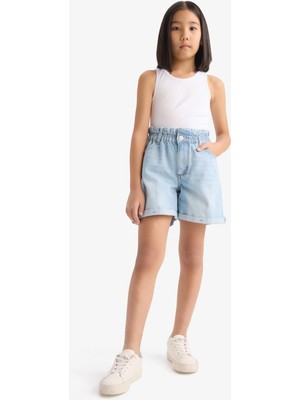DeFacto Kız Çocuk Paperbag Jean Şort Rahat Kalıp Mavi-NM63 Desenli Yazlık Konforlu Tasarım