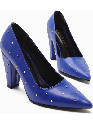 Audrey Lacivert Sivri Burunlu Zımba Detaylı Topuklu Kadın Ayakkabı