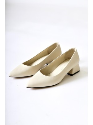 Hakiki Deri Berta Bej Sivri Burunlu Kısa Topuklu Ayakkabı