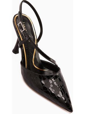 Hakiki Deri Sarah Siyah Kroko Desenli Sivri Burunlu Topuklu Kadın Ayakkabı