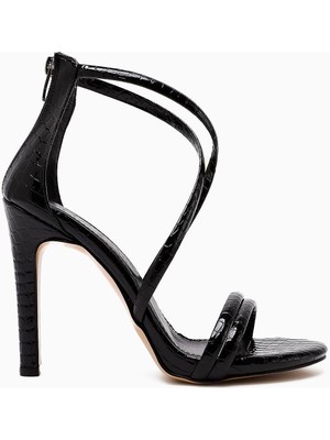 Liane Siyah Dokulu Deri Baskı Çapraz Bantlı Ince Topuklu Kadın Ayakkabı