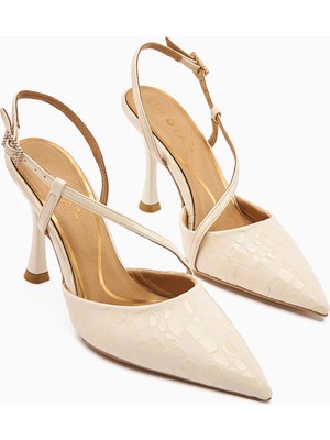 Hakiki Deri Sarah Bej Kroko Desenli Sivri Burunlu Topuklu Kadın Ayakkabı