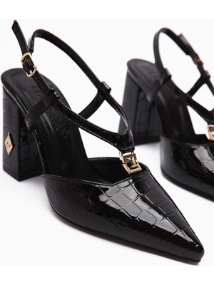 Celina Siyah Kroko Desenli Sivri Burunlu Kadın Topuklu Ayakkabı