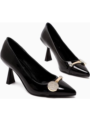 Rafah Siyah Rugan Taşlı Şampanya Topuklu Kadın Ayakkabı