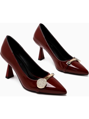 Rafah Bordo Rugan Taşlı Şampanya Topuklu Kadın Ayakkabı