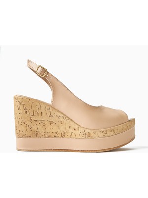 Limoya Jenny Nud Kadın Dolgu Topuklu Ayakkabı Deri Tabanlı Yüksek Topuklu Şık Tasarım