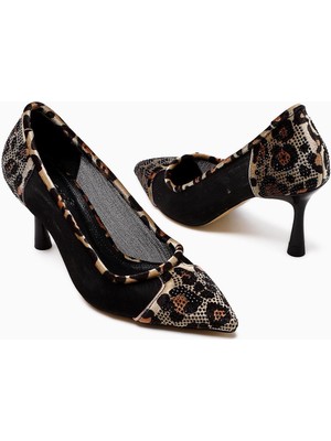 Kalliopi Siyah Sivri Burunlu Leopar - Taş Detaylı Kadın Topuklu Ayakkabı