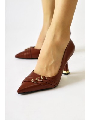 Lavina Bordo Bantlı Altın Topuk Detaylı Sivri Burunlu Stiletto