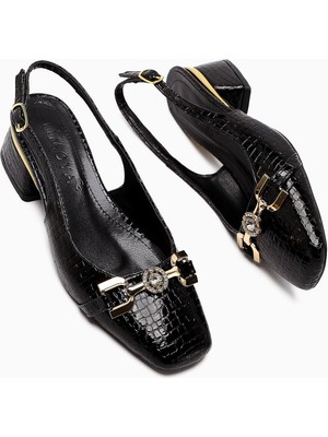 Tai Siyah Kroko Taşlı Topuklu Kadın Ayakkabı