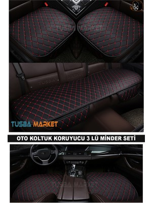 Tusba Market Oto Koltuk Koruyucu Cepli Üçlü Minder Seti / Lüks Siyah Deri & Kırmızı Nakışlı / Tüm Araçlar