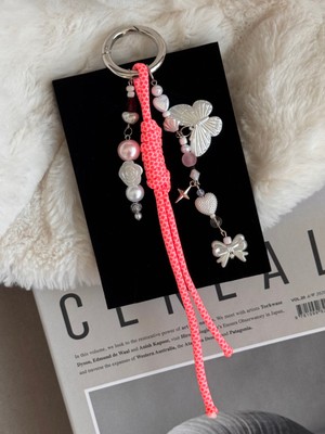 Pembe Beyaz Kelebek Büyük Çanta Charm, Çanta Süsü Anahtarlık, Paracord Ip Anahtarlık