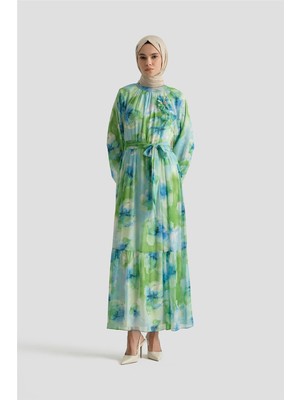 Armine Desenli Elbise 25YD4018 Mavi