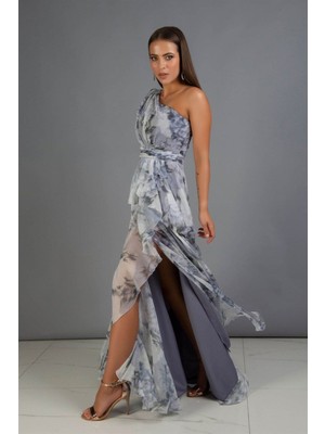  Elbise Sıfon Empırme Desen Uzun Tek Omuz		