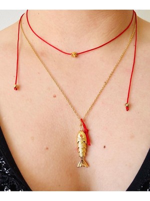 Oynar Çelik Şans Balığı ve Kırmızı Ip Yıldız Kolye Seti