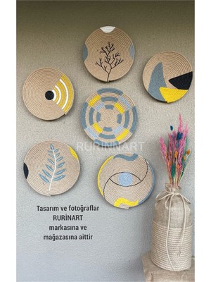 El Yapımı 6lı Soyut Tasarım Gri Sarı Beyaz Renkli Bohem/boho Hasır Duvar Tabağı Seti/afrikan Tabak