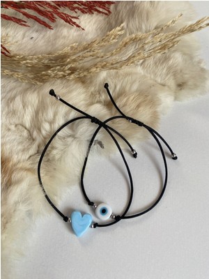 2’li Mavi Murano Cam Nazar Boncuğu Kalp Bileklik