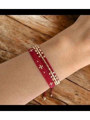 4’lü Kırmızı Miyuki Boncuk Bileklik Seti - Ayarlanabilir Gold Detaylı El Yapımı Kombin