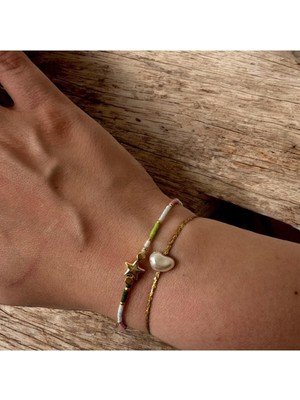 Miyuki Gold Detaylı Yıldız & Tek Incili Gold Detaylı Ip Bileklik 2’li Takım