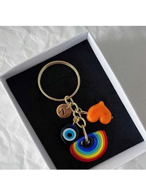 Gökkuşağı ve Turuncu Kalp Murano Kişiselleştirilmiş Anahtarlık