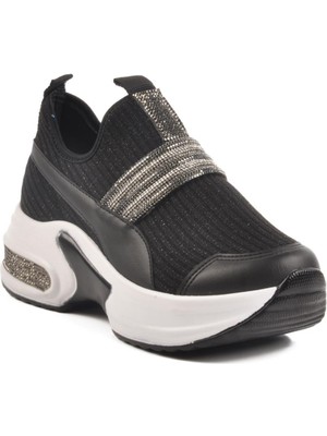 702307 Z Siyah-Beyaz Kadın Taşlı Günlük Ayakkabı