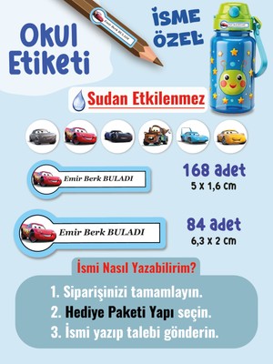 Okul Etiketi SUDAN ETKİLENMEZ, Kalem Defter Etiketi Şimşek Araba Temalı Özel Isim Yazılabilen Etiket - 252ADET
