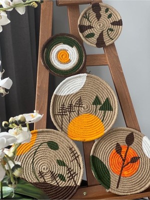 Tasarım Afrikan Duvar Tabağı 5 Parça Set, Bohem, Hasır Tamamen El Yapımı 00080