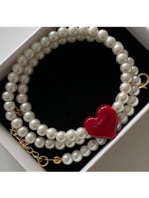 Murano Kırmızı Kalp Incili Kolye