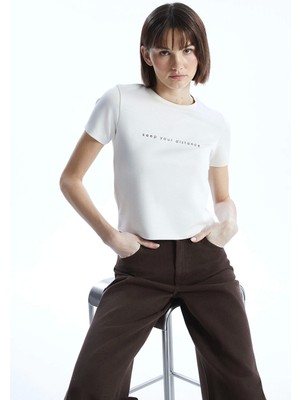 Lcw Vision Bej Bisiklet Yaka Baskılı Kadın Tişört