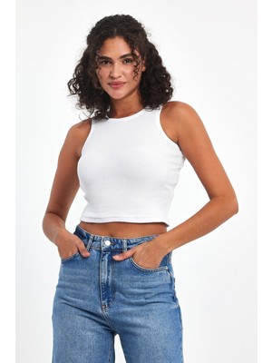 Mmetalic Kadın Beyaz Fitilli Görünümlü Askılı Kalın Esnek Örme Basic Crop Atlet Bluz