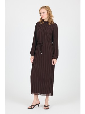 Kahve Şifon Uzun Kollu Pileli Bel Bağlamalı Midi Elbise 020