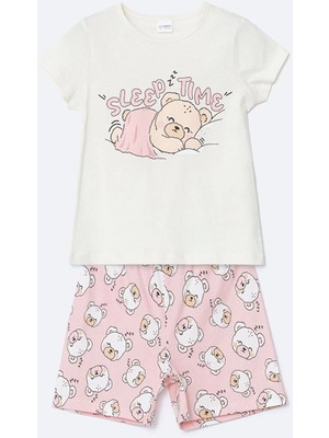 Lcw Kids Ekru Baskılı Kız Çocuk Pamuklu Şortlu Pijama Takımı