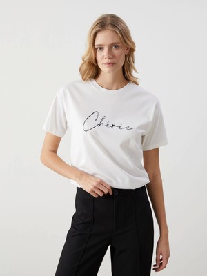 Lcw Vision Ekru Bisiklet Yaka Taşlı Kadın Tişört