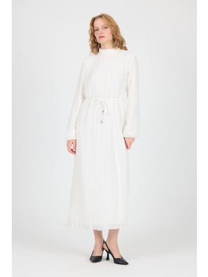 Beyaz Şifon Uzun Kollu Pileli Bel Bağlamalı Midi Elbise 020