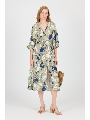 Haki Kruvaze Yaka Etnik Desenli Ön Yırtmaçlı Elbise 6651