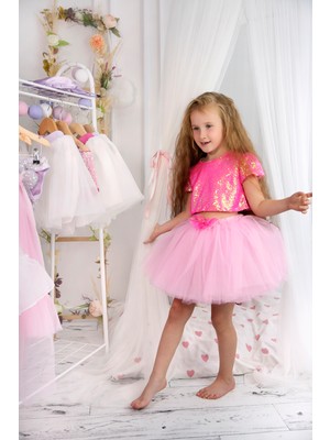 Parıltılı Pullu Crop ve Kabarık Tütü Etek Ikili Takım