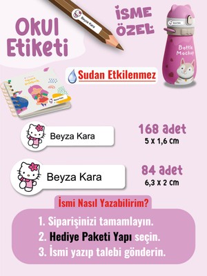 Okul Etiketi SUDAN ETKİLENMEZ, Kalem Defter Etiketi Hellokitti Temalı Özel Isim Yazılabilen Etiket - 252ADET