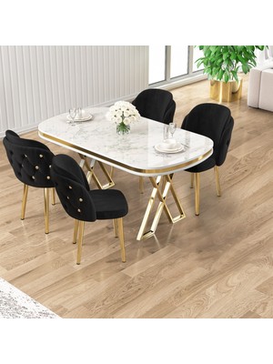 Zae Serisi 90X168 Lak Panel Beyaz Mermer Desen Gold Ayak Masa Takımı 4 Siyah Sandalye