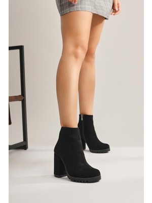 Limoya Bahiya Siyah Süet Oval Burunlu Topuklu Bot Fermuarlı Rahat Yürüyüş İçin Tasarlandı