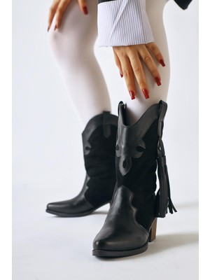 Pandorak Siyah Süet Detaylı Püsküllü Sivri Burunlu Western Bot