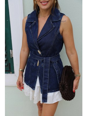 Lacivert Kuşaklı Jean Yelek