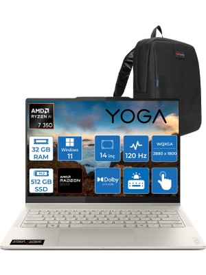 Lenovo yoga 7 2-In-1 14AKP10 Amd Ryzen Aı 7 350 Aı 32GB Ddr5 512GB SSD 14" 2.8k Wqxga+ (2880X1800) OLED 1100NITS  120Hz Windows 11 Pro  Dokunmatik Bilgisayar Y83JR004PTRP02+ZETTAÇANTA