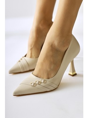 Lavina Bej Bantlı Altın Topuk Detaylı Sivri Burunlu Stiletto