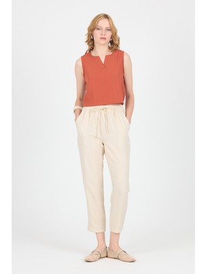 Bej Pamuklu Bel Lastikli Düz Paça Düz Paça Pantolon 4800