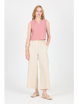 Bej Pamuklu Bel Lastikli Bol Paça Pantolon 4657
