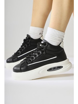 Lourin Siyah Deri Desenli Havalı Taban Bağcıklı Spor Bot