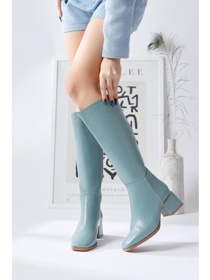 Miami Mavi Kırışık Rugan Küt Burunlu Çizme