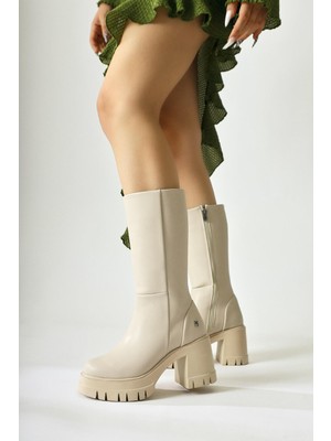 Chelsie Bej Yüksek Topuklu Platformlu Kısa Çizme