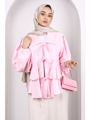 Pembe Ön Bağlamalı Katlı Kimono